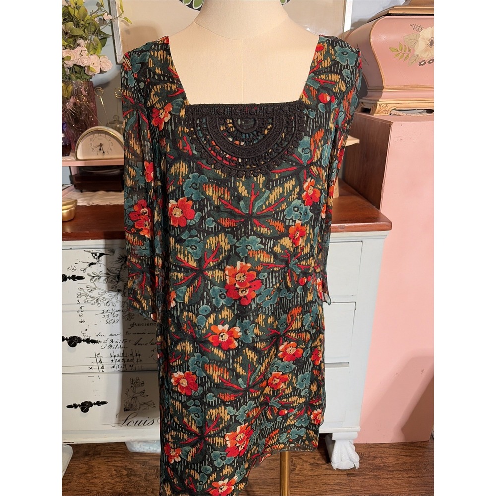 Anna Sui Silk & Cotton Floral 3/4 Sleeve Short Dress Sz 2